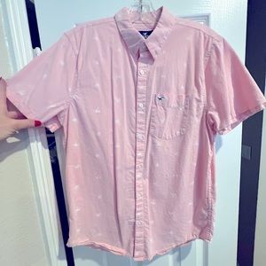 Hollister Boys Epic Flex Cotton Button Down Shirt Pink with White Palm Trees SzS
